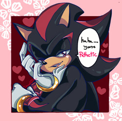 Size: 1024x1014 | Tagged: safe, artist:dreamfulblue, shadow the hedgehog, hedgehog, 2017, dialogue, english text, head rest, heart, looking at viewer, male, mouth open, one eye closed, one fang, open smile, smile, solo, speech bubble, talking, talking to viewer, text, tsundere