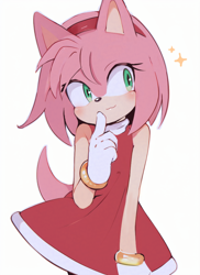 Size: 600x826 | Tagged: safe, artist:flyngp5, amy rose, hedgehog, 2024, :3, amybetes, cute, looking offscreen, simple background, smile, solo, sparkles, white background