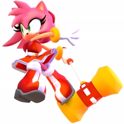 Size: 2048x2048 | Tagged: safe, artist:6point98, artist:atsunamy42, amy rose, hedgehog, 2026, 3d, dress, female, fighting pose, frown, holding something, looking offscreen, mid-air, piko piko hammer, pose, simple background, solo, treads, weapon, white background