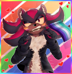 Size: 996x1023 | Tagged: safe, artist:dorklyshades, shadow the hedgehog, hedgehog, 2025, border, cheek fluff, chest fluff, claws, face paint, flag, fluffy, gay, gay pride, gay shadow, heart, jacket, lidded eyes, looking at viewer, mlm pride, mouth hold, nonbinary, nonbinary pride, nonbinary shadow, outline, pride, pride flag, pride month, solo, stomach fluff, yellow sclera