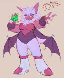 Size: 1030x1256 | Tagged: safe, artist:keratinh, rouge the bat, bat, 2025, alternate version, chaos emerald, claws, colored version, female, fishnets, holding something, leg fluff, lidded eyes, looking at viewer, one fang, simple background, smile, solo, sparkles, standing, yellow background