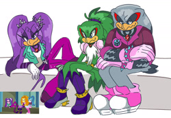 Size: 1536x1054 | Tagged: safe, artist:takosa, jet the hawk, storm the albatross, wave the swallow, bird, 2026, adagio dazzle (mlp), alternate universe, aria blaze, arms folded, babylon rogues, babylon rogues logo, belt, bolero, boots, chest fluff, clothes, cosplay, crossover, crossover cosplay, equestria girls, eye clipping through hair, gloves, jacket, lidded eyes, looking offscreen, my little pony, my little pony: rainbow rocks, pants, reference inset, shoes, siren gem, sitting, smile, sonata dusk, spiked bracelet, the dazzlings, trio