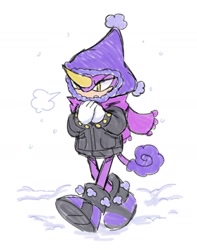 Size: 1120x1423 | Tagged: safe, artist:aleespace-art, espio the chameleon, 2026, beanie, chameleon, clothes, coat, cold, gloves, hat, lidded eyes, male, mouth open, outdoors, shoes, simple background, snow, solo, treads, walking, white background, winter, winter outfit