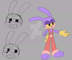 Size: 1920x1619 | Tagged: safe, artist:kyiedraw, rabbit, 2026, barefoot, barely sonic related, clothes, deviantart watermark, flat colors, gloves, grey background, hand on hip, jax (the amazing digital circus), lidded eyes, mobianified, overalls, paws, simple background, smile, solo, the amazing digital circus, watermark, yellow sclera