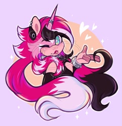 Size: 1986x2048 | Tagged: safe, artist:hasuuky, oc, 2026, arm sleeves, bracelet, chest fluff, clothes, ear piercing, earring, eye clipping through hair, eyelashes, female, fur markings, heart, horn, horn accessory, looking at viewer, obtrusive watermark, oc only, piercing, pony, signature, smile, solo, sparkles, spiked bracelet, unicorn, watermark, wink, winking at viewer