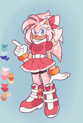 Size: 1384x2048 | Tagged: safe, artist:hasuuky, amy rose, hedgehog, 2026, alternate eye color, alternate hairstyle, belt, blue eyes, boots, bow, buckle, clothes, color palette, dress, eye clipping through hair, eyelashes, female, fur markings, gloves, gradient background, headband, headscarf, looking at viewer, pointing, redesign, shorts, signature, smile, smiling at viewer, solo, watermark