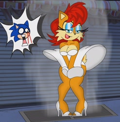 Size: 2021x2048 | Tagged: safe, artist:mastermochikun, artist:nerdy-boi-mochi-1998, sally acorn, sonic the hedgehog, chipmunk, hedgehog, building, clothes, cosplay, dress, female, heels, lipstick, looking at each other, male, marilyn monroe, nosebleed, open mouth, open smile, outdoors, sally x sonic, shipping, shocked, shoes, smiling at them, solo, speech bubble, straight, vent