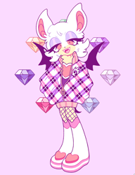 Size: 1000x1300 | Tagged: safe, artist:nekozneko, rouge the bat, bat, 2018, chaos emerald, chest fluff, clothes, cute, fangs, female, fishnets, hands in pocket, head fluff, jacket, lidded eyes, pink background, rougabetes, simple background, solo, standing