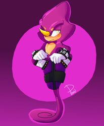 Size: 1024x1243 | Tagged: safe, artist:pickleuwu, espio the chameleon, 2019, blushing, chameleon, frown, lidded eyes, looking at viewer, male, signature, solo, sweatdrop, tail stand