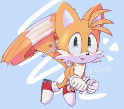 Size: 866x765 | Tagged: safe, artist:n4fizz, miles "tails" prower, fox, blushing, clenched fists, cute, flying, male, mid-air, signature, smile, solo, spinning tails, tailabetes, tongue out