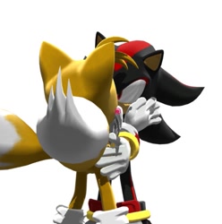 Size: 755x762 | Tagged: safe, artist:neosomlas, miles "tails" prower, shadow the hedgehog, fox, hedgehog, 2026, 3d, duo, gay, holding each other, hugging, kiss, male, mmd, shadow x tails, shipping, simple background, standing, white background