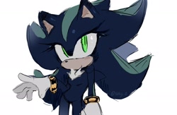 Size: 2048x1335 | Tagged: safe, artist:makkiy_0, mephiles the dark, hedgehog, 2026, chest fluff, eyelashes, featureless breasts, female, gender swap, looking at viewer, no mouth, signature, simple background, solo, white background