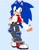 Size: 1583x2048 | Tagged: safe, artist:hippiecockatoo, sonic the hedgehog, hedgehog, 2026, artist name, belt, blue background, blushing, clothes, ear fluff, fingerless gloves, fully clothed, gloves, grin, jacket, jeans, knee fluff, leg fluff, male, pants, pawpads, ripped pants, shirt, shoes, signature, simple background, smile, solo, standing, watermark