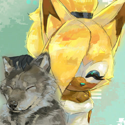 Size: 1280x1280 | Tagged: safe, artist:whisperthewolflover, whisper the wolf, wolf, 2026, ambiguous gender, duo, eyes closed, female, hair over one eye, hand on head, headpats, literal animal, one fang, smile