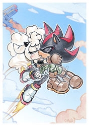 Size: 1280x1811 | Tagged: safe, artist:cat-rage, lanolin the sheep, shadow the hedgehog, hedgehog, sheep, 2026, clouds, crack shipping, daytime, duo, eyes closed, flying, holding each other, kiss, lanolin x shadow, mid-air, obtrusive watermark, outdoors, shipping, smile, smoke, straight, tornado ii, watermark