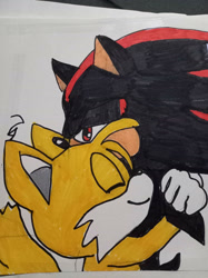 Size: 1280x1707 | Tagged: safe, artist:donatellofreak, miles "tails" prower, shadow the hedgehog, hedgehog, 2025, duo, eyes closed, hugging, lidded eyes, male, question mark, traditional media