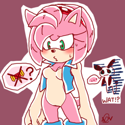 Size: 500x500 | Tagged: safe, artist:adadevoda, amy rose, hedgehog, ..., 2013, blushing, breasts, clothes, dialogue, english text, featureless breasts, female, outfit swap, outline, piko piko hammer, pink background, pout, question mark, sally's vest and boots, signature, simple background, solo, speech bubble, standing, sweatdrop, text