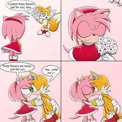 Size: 1280x1280 | Tagged: safe, artist:andtails1, amy rose, miles "tails" prower, fox, hedgehog, 2023, amy x tails, bouquet, comic, dialogue, duo, english text, female, flower, gradient background, heart, heart eyes, holding something, holding them, kiss, lidded eyes, looking at each other, male, shipping, sonic x style, speech bubble, straight, style emulation, talking, text