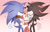 Size: 1024x664 | Tagged: safe, artist:misterhyeon-in, amy rose, sonic the hedgehog, hedgehog, 2015, amy x shadow, amy x sonic, bandana, blushing, clothes, dress, eyes closed, female, frown, heart, hugging, male, shipping, signature, smile, sonic boom (tv), speech bubble, straight, trio