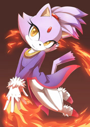 Size: 1024x1449 | Tagged: safe, artist:puretails, blaze the cat, cat, 2015, female, fire, flame, gradient background, looking at viewer, smile, solo