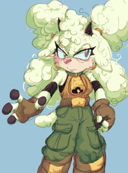 Size: 1931x2612 | Tagged: safe, artist:gooberthed, lanolin the sheep, sheep, 2023, bell, belt, blue background, boots, cargo pants, clothes, collar, eyelashes, female, fingerless gloves, frown, gloves, looking at viewer, messy hair, pants, pink nose, shoulder fluff, simple background, solo, tank top