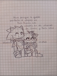 Size: 800x1069 | Tagged: safe, artist:txilsprowerdibujos2, miles "tails" prower, sonic the hedgehog, fox, hedgehog, 2026, aged up, arm around shoulders, bandana, blushing, chest fluff, cute, duo, eyes closed, gay, glasses, line art, monochrome, pencilwork, shipping, sketch, smile, sonabetes, sonic x tails, spanish text, tailabetes, text, traditional media, v sign