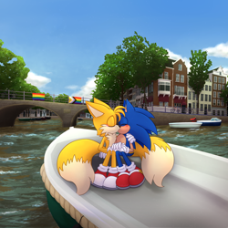 Size: 800x800 | Tagged: safe, artist:jeffydust, miles "tails" prower, sonic the hedgehog, fox, hedgehog, 2026, aged up, amsterdam, blushing, boat, bridge, daytime, duo, eyes closed, gay pride, kiss, kiss on lips, male, outdoors, photographic background, pride, pride flag, progress pride, shipping, sitting, sonic x tails, water