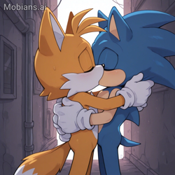 Size: 1024x1024 | Tagged: safe, ai art, artist:mobians.ai, miles "tails" prower, sonic the hedgehog, 2026, duo, eyes closed, gay, hugging, kiss, shipping, sonic x tails, standing