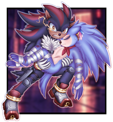 Size: 1348x1455 | Tagged: safe, artist:nessa-harp, shadow the hedgehog, sonic the hedgehog, hedgehog, 2026, angry, bandage, barefoot, blood, bridal carry, carrying them, claws, duo, electricity, eyes closed, feather, floppy ears, frown, gay, glowing eyes, gun, kneepads, looking at viewer, male, outline, paws, redesign, rescue, scarf, scratch (injury), shadow x sonic, shipping, speedpaint available, speedpaint in description, trans male, transgender, unconscious, wound