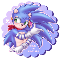 Size: 1280x1235 | Tagged: safe, artist:nessa-harp, sonic the hedgehog, hedgehog, 2026, bandage, chest fluff, chipped ear, ear fluff, ear piercing, earring, feather, looking at viewer, male, piercing, redesign, scarf, simple background, smile, smiling at viewer, solo, trans male, transgender, transparent background