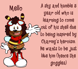 Size: 1693x1503 | Tagged: safe, artist:charmsterz, bee, 2026, belt, boots, brown eyes, character name, chubby, clothes, dark skin, english text, eyewear on head, flat colors, freckles, gloves, goggles, goggles on head, hair, looking at viewer, male, mello bee, missing tooth, mouth open, open smile, pink background, redesign, scarf, simple background, smile, smiling at viewer, solo, standing, text, waving, wings