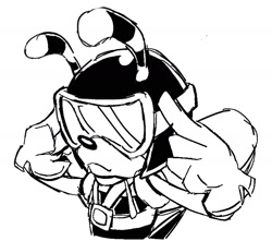 Size: 1536x1355 | Tagged: safe, artist:madokamine, bee, 2025, black and white, goggles, harness, hat, male, mello bee, monochrome, pilot hat, pointing, simple background, sketch, smile, solo, white background, wings