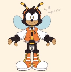 Size: 1584x1619 | Tagged: safe, artist:charmsterz, charmy bee, bee, 2026, aged up, boots, bottomless, clothes, english text, eyewear on head, fingerless gloves, gloves, goggles, goggles on head, jacket, looking at viewer, male, redesign, simple background, smile, smiling at viewer, solo, standing, t-pose, teenager, text, varsity jacket, wings