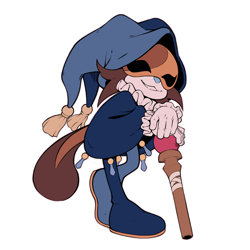 Size: 2400x2400 | Tagged: safe, artist:crombie, agender, blue nose, clothes, holding something, jester outfit, leaning, lunar the suger glider, mask, outline, poncho, scepter, simple background, smile, soleil the sugar glider, solo, standing, sugar glider, transparent background