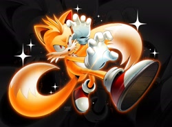 Size: 2048x1513 | Tagged: safe, artist:thatbirdguy_, miles "tails" prower, super tails, fox, sonic frontiers, 2026, alternate universe, au:tails frontiers, aura, echo background, frown, male, outline, solo, sparkles, super form, treads