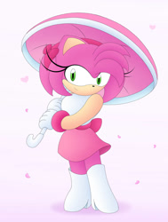 Size: 828x1093 | Tagged: safe, artist:leafie986, amy rose, hedgehog, bow, clothes, female, headband, looking at viewer, skirt, smile, smiling at viewer, umbrella