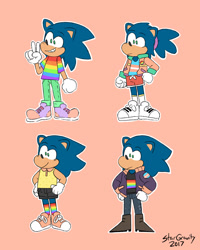 Size: 1024x1280 | Tagged: safe, artist:stargravity, sonic the hedgehog, hedgehog, 2017, boots, clothes, cute, frown, gay, gay pride, gay sonic, jacket, jeans, male, outline, pants, pink background, ponytail, pride, shirt, shorts, signature, simple background, smile, solo, sonabetes, standing, trans boy sonic, trans male, trans pride, transgender, v sign