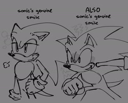 Size: 2048x1658 | Tagged: safe, artist:snowylynxx, sonic the hedgehog, hedgehog, 2026, blushing, duality, english text, grey background, lidded eyes, line art, looking offscreen, male, monochrome, simple background, smile, solo, standing, text