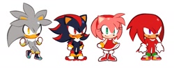Size: 1549x615 | Tagged: safe, artist:buttjavis, amy rose, knuckles the echidna, shadow the hedgehog, silver the hedgehog, hedgehog, amybetes, clothes, cookie run, cute, eyelashes, female, frown, group, knucklebetes, looking at viewer, looking offscreen, male, shadowbetes, silvabetes, simple background, smile, style emulation, white background