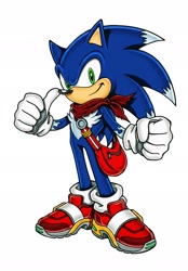 Size: 1424x2048 | Tagged: safe, artist:prolifkvelocity, sonic the hedgehog, hedgehog, 2026, alternate version, bag, bandana, chest fluff, edit, looking at viewer, male, redesign, simple background, smile, soap shoes, solo, standing, thumbs up, white background, winter coat (fur)