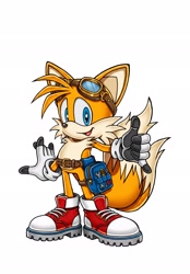 Size: 1424x2048 | Tagged: safe, artist:prolifkvelocity, miles "tails" prower, fox, 2026, bag, belt, buckle, edit, electrical gloves, eyewear on head, gloves, goggles, goggles on head, looking at viewer, male, phone sign, satchel, shoelaces, shoes, simple background, smile, smiling at viewer, sneakers, solo, standing, white background