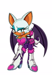 Size: 1424x2048 | Tagged: safe, artist:prolifkvelocity, rouge the bat, bat, 2026, bag, belt, bending over, buckle, claws, cleavage, eyelashes, female, hand on leg, heart, lidded eyes, looking at viewer, redesign, satchel, simple background, smile, solo, tan skin, white background