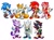 Size: 4096x3063 | Tagged: safe, artist:buttjavis, amy rose, blaze the cat, knuckles the echidna, miles "tails" prower, shadow the hedgehog, silver the hedgehog, sonic the hedgehog, 2025, cap, clothes, eyelashes, female, gender swap, group, hat, jacket, leotard, male, piko piko hammer, shirt, shorts, simple background, skirt, weapon, white background