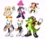 Size: 2693x2331 | Tagged: safe, artist:buttjavis, charmy bee, cheese (chao), cream the rabbit, espio the chameleon, rouge the bat, vector the crocodile, chao, 2025, agender, arrow, belt, bow, chain, clothes, eyelashes, female, flying, gender swap, group, headphones, jacket, male, necklace, neutral chao, simple background, standing, tie, treads, white background, wink