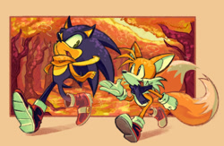 Size: 1280x835 | Tagged: safe, artist:jojoleafy1234, miles "tails" prower, sonic the hedgehog, fox, hedgehog, 2026, autumn, daytime, duo, gloves, hands behind head, leaf, looking at each other, male, mouth open, one eye closed, one fang, open smile, outdoors, redraw, scarf, shoes, socks, speech bubble, talking, treads, tree, walking