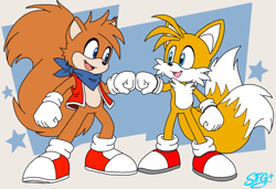 Size: 1280x874 | Tagged: safe, artist:silversfangurl, miles "tails" prower, oc, oc:scurry the squirrel, fox, squirrel, 2026, bandana, clenched fists, duo, fistbump, flat colors, gilet, gloves, looking at each other, male, mouth open, open smile, shoes, signature, smile, smiling at each other, socks, standing, star (symbol)