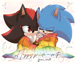 Size: 960x815 | Tagged: safe, artist:sonicblue333, shadow the hedgehog, sonic the hedgehog, hedgehog, 2021, chest fluff, cute, duo, ear fluff, english text, flag, fluffy, gay, gay pride, heart, holding hands, male, mouth open, movie style, one eye closed, open smile, pride, pride flag, pride month, shadow x sonic, shadowbetes, shipping, simple background, smile, sonabetes, style emulation, text, white background