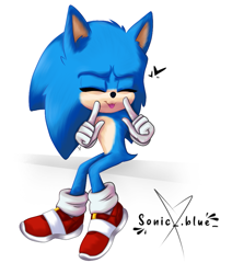 Size: 815x960 | Tagged: safe, artist:sonicblue333, sonic the hedgehog, hedgehog, 2021, cheek poke, cute, ear fluff, eyes closed, heart, male, movie style, signature, simple background, sitting, smile, solo, sonabetes, style emulation, tongue out, white background