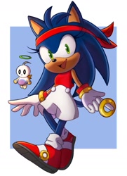 Size: 1432x1981 | Tagged: safe, artist:luhuaa, oc, oc:mail the chao, oc:warp the hedgehog, chao, hedgehog, 2025, agender, clothes, duo, female, gloves, headband, headscarf, hero chao, holding something, mouth open, not sonic, open smile, ring, shoes, smile, smiling at viewer, socks, sonic's shoes, standing, treads