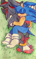 Size: 1254x2048 | Tagged: safe, artist:xokurde, shadow the hedgehog, sonic the hedgehog, hedgehog, 2026, blushing, cheek fluff, cuddling, cute, duo, eyes closed, gay, gloves, hugging, lying down, lying on side, male, shadow x sonic, shipping, shoes, smile, socks, sonabetes, traditional media